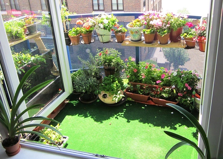 apartment garden on balcony with stands and pots