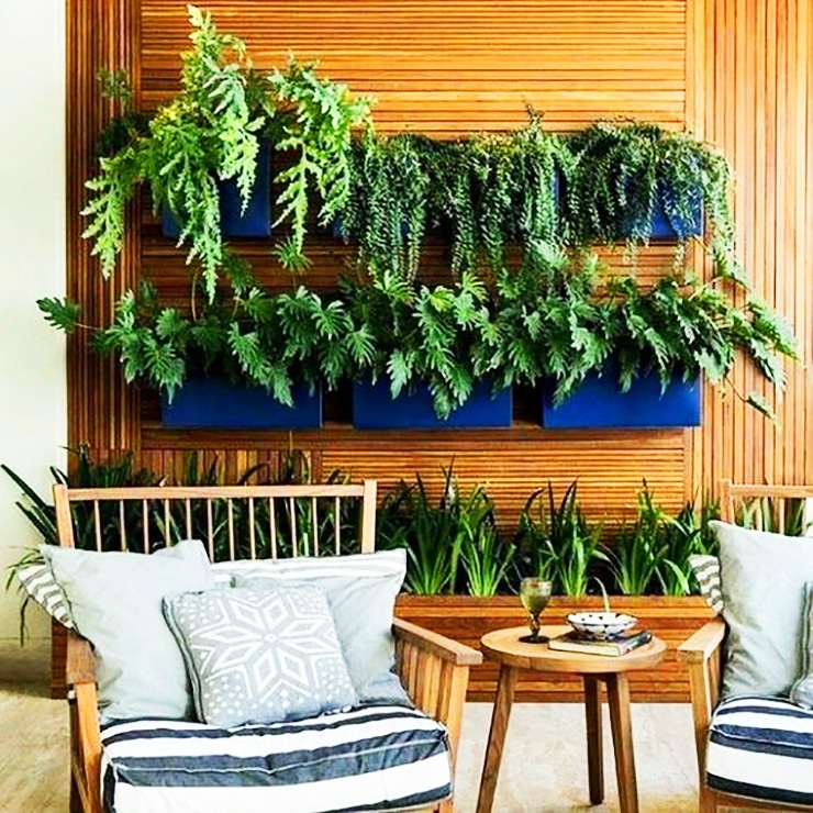 Plantas de parede e chão de jardim dentro de um apartamento