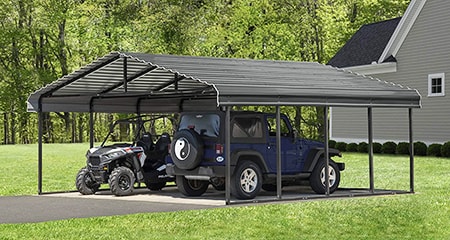 carports are the most common replacement for a garage. They have open sides but a strong roof to protect your vehicles from the elements like rain, snow, sleet, and heat.