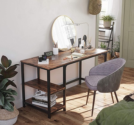 a credenza desk will contain shelving like a cupboard, but to hold a printer, computer, documents, etc.