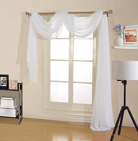 a window scarf is exactly that, a long curtain that wraps over the rod and dangles down for decoration but not functionality