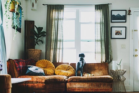 floor to ceiling curtains in the living room provide security and privacy, two things needed to feel cozy and comfortable