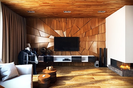 textured paneling in living rooms help scatter light and sound and make a room feel more lively and interesting to help people relax and enjoy cozy conversations