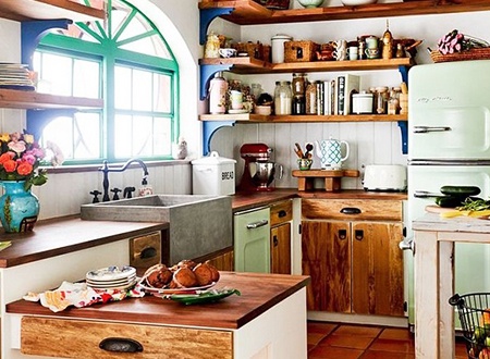 eclectic kitchen types of kitchen styles feature a lot of shelving, trinkets, and decorations with bright colors