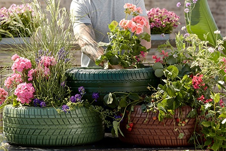 there are different kinds of gardens that people can build with various materials and tire gardens are a good example for them. you can use your old vehicle tires to build a garden!