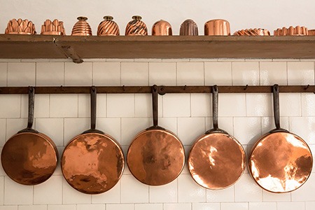 wall / ceiling-mounted pot rack are also great kitchen cabinet alternatives