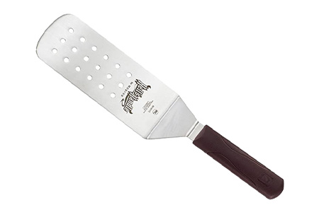 some different kinds of spatulas like perforated spatula has series of small holes helping to drain extra oil or sauce